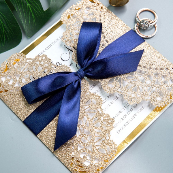 Rose Gold Laser Cut Wedding Invitations with Navy Glitter Ribbon Bow WS003