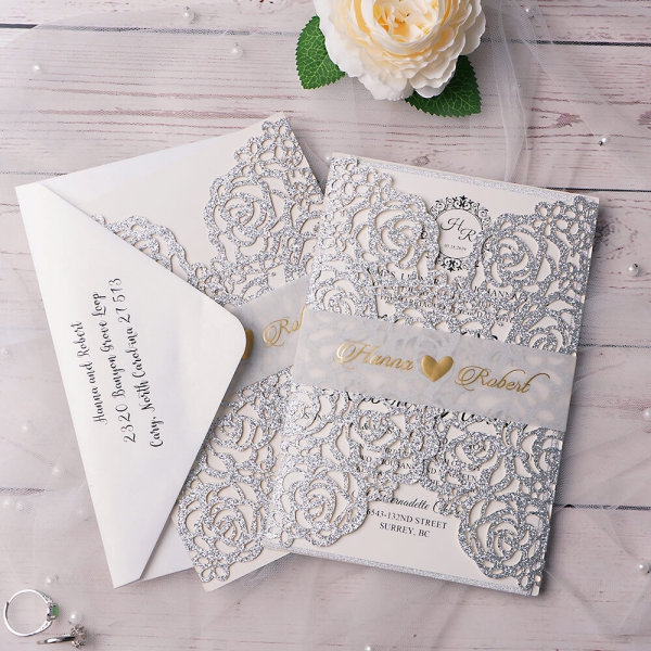 Silver glitter elegant wedding invitation with vellum belly band WS137