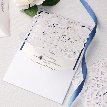 White and navy simple laser cut wedding invitations WLC005