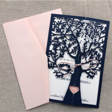Navy Blue and Pink Fresh Tree Laser Cut Wedding Invitations, Elegant Wedding Invitations, spring/summer  WLC013