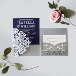 Graceful Navy Blue Floral Silver Pocket Laser Cut Spring Wedding Invitation WIP021