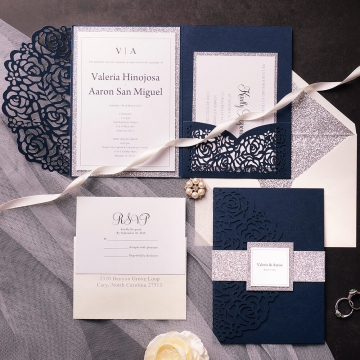 Navy Blue Pocket Laser Cut Wedding Invitation with Silver Glittery Belly Band WLC022