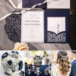Cheap Navy Blue Pocket Laser Cut Wedding Invitataion with Silver Glittery Belly Band WLC022