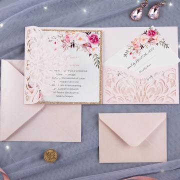  Romantic Blush Pink Floral Laser Cut Wedding Invitations with Gold Glitter Backer, Bridal Shower Invitations , Spring Wedding Invitations WLC025