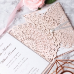 Rose Gold Laser Cut Wedding Invitations Elegant with Belly Band, Spring Blush Pink Wedding Colors, Silver Glitter WLC028