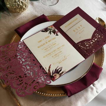Burgundy Marsala Laser Cut Pocket Wedding Invitations WLC030