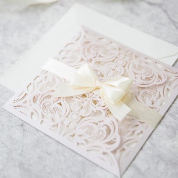 Blush Laser Cut Wedding Invitations with White Ribbon Bow, Elegant Wedding Invitations Spring Summer WLC034