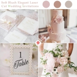 Blush Laser Cut Wedding Invitation with White Ribbon Bow, Spring Wedding Invitations, Bridal Shower Invitations, Pink Glitter    WLC034