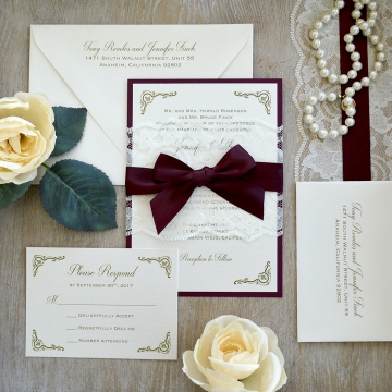 Vintage Burgundy Marsala Lace Elegant Wedding Invitations WLC038