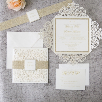 Romantic White Ivory Laser Cut  Wedding Invitations with Gold Glitter Belly Band, spring, fall, winter, elegant wedding invitations  WLC042