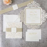 Romantic White Laser Cut Wedding Invitations with Gold Glitter Belly Band WLC042