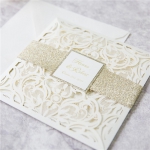 Romantic White Laser Cut Wedding Invitations with Gold Glitter Belly Band WLC042