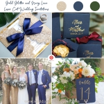Luxury Rose Gold Laser Cut Wedding Invitations with Navy Blue Glitter Ribbon Bow and Gold Mirror Paper Backer, Fall Weddings, Vintage Wedding Invitations WS003
