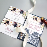 Elegant Navy Blue Floral Laser Cut Wedding Invitation WS004