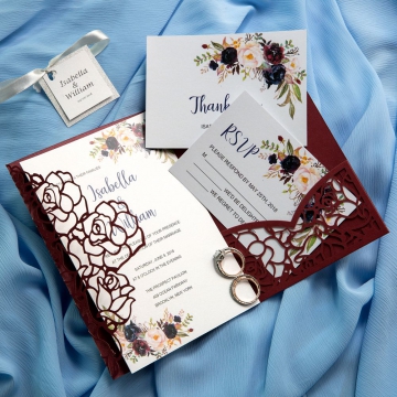 Vintage Burgundy Floral Laser Cut Wedding Invitations with Tag,  Gorgeous Watercolor Flowers, Spring or Fall Wedding Colors, Pocket Invitations WS009