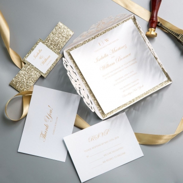 Ivory Floral Laser Cut Wedding Invitations with Gold Glitter Belly Band WS010