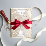 Classic Gold Shimmer Glittery Laser Cut Wedding Invitations with Red Ribbon Bow WS018