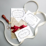 Classic Gold Shimmer Glittery Laser Cut Wedding Invitations with Red Ribbon Bow WS018