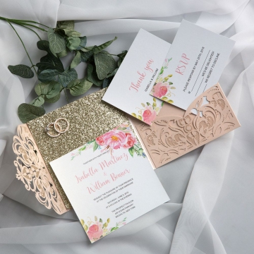 Pink glittery Laser Cut Wedding Invitations WS021