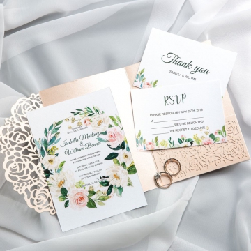 Spring Laser Cut Wedding Invitations, Blush and Greenery Watercolor Flowers, Rose Gold Wedding Invitations, Elegant Wedding Invitations WS027