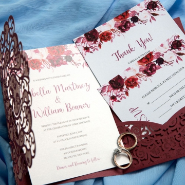 Fall Burgundy Pocket Laser Cut Wedding Invitations with Flowers, Elegantweddinginvites, Bridal Shower Invitations WS029 
