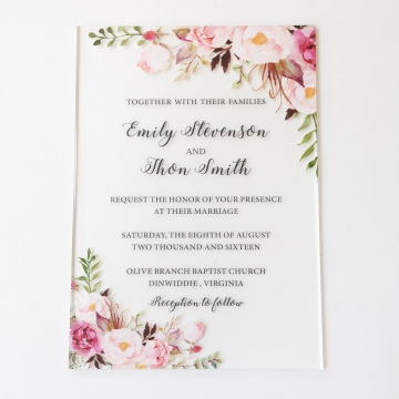 Clear Floral Acrylic Wedding Invitation | Plastic Wedding Invites | Burgundy Navy Blush Floral, Transparent Wedding Invitations ACL002