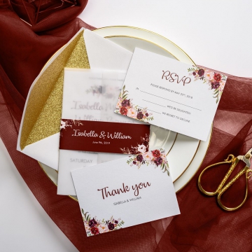 White vellum wedding invitations with burgundy belly band ws037