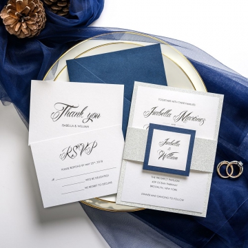 Navy blue and silver affordable wedding invitations WS040
