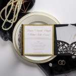  Black and gold pocket wedding invitations with belly band and tag, laser cut wedding invitations, traditional formal vintage classic, fall and winter,  thank you & rsvp cards ws048