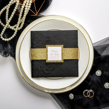 Black and gold pocket wedding invitations with belly band WS048