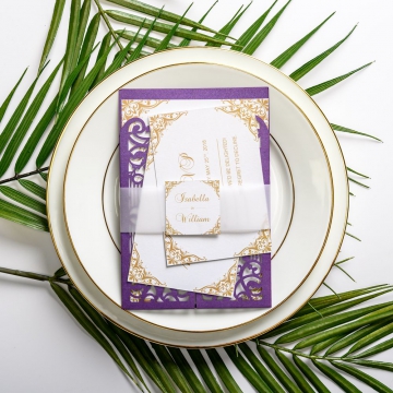 Violet purple gate laser cut wedding invitations, vellum belly band with tag, art deco design, thank you & rsvp cards ws049