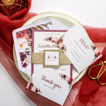 Burgundy and gold watercolor wedding invitations with belly band and tag ws045