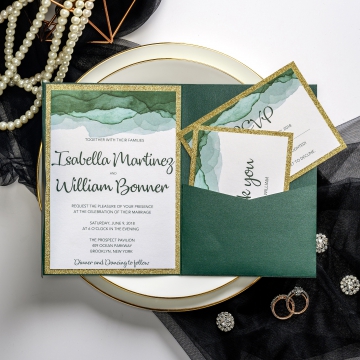  Emerald and gold pocket wedding invitations, watercolor wedding invitations, vintage classic invitations, spring, fall, winter ws046