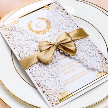 Ivory White Laser Cut Wedding Invitations with Gold Ribbon WS051