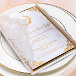 Ivory White Laser Cut Wedding Invitations with Gold Ribbon, Foil Invites, Elegant Fall Wedding Invitations, Vintage Wedding Invitations, Monogram, Gold Mirror WS051