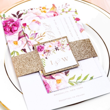 Blush pink floral wedding invitations with gold glitter belly band WS053