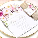Blush pink floral wedding invitations with gold glitter belly band and tag, Watercolor invites, Boho weddings, Spring and summer wedding ideas, Rustic weddings, Elegant weddings WS053