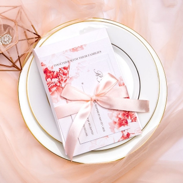 Elegant Coral Pink wedding invitations with pink ribbon, Rustic weddings, Watercolor invites, Boho invites, Spring summer WS054