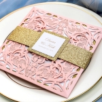 Romantic blush pink laser cut wedding invitations with gold glitter belly band and tag, elegant wedding invitations, vintage, classic, square, graduation cards, anniversaries WS068