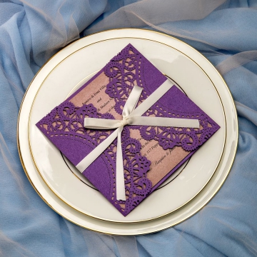 Rustic purple laser cut wedding invitations with ivory ribbon WS070
