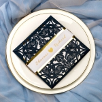 Classic navy blue laser cut wedding invitations, white and golden mirror belt, square, gold foil, shower cards, anniversary, custom stationary, spring/fall/winter WS072