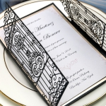 Vintage black gate laser cut wedding invitations, gold mirror backer, elegant wedding invitations, fall or winter WS073