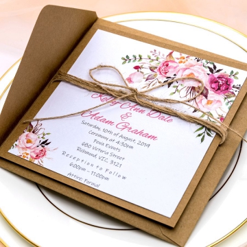 Handmade rustic watercolor wedding invitations with twine WS076