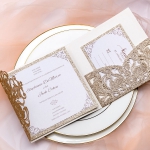 Classic champagne gold glitter laser cut wedding invitations, fall wedding invitations, pocket invitations, elegant wedding invitations, RSVP cards WS079