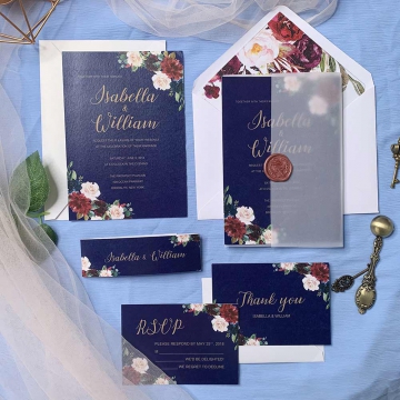 Navy blue and burgundy floral wedding invitations, watercolor wedding invitations, spring, fall, winter, vellum invites  WS092