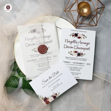Blush and burgundy vellum wedding invitations, floral wedding invitations, wax seal, spring summer and fall weddings, elegant wedding invitations WS093