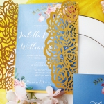 Yellow and dusty blue laser cut wedding invitation, elegant wedding invite, beach wedding, summer wedding, spring WS106