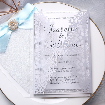 Silver and white laser cut invitation, turquoise ribbon, spring and summer, winter, wonderland, whimsical WS109 