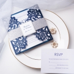 Navy blue and silver invitation, laser cut invite, classic, spring, fall, winter, elegant, belly band & tag WS110