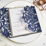 Navy blue and gold invitations, laser cut invite, custom invite with gold belly band, spring, fall, winter WS121 